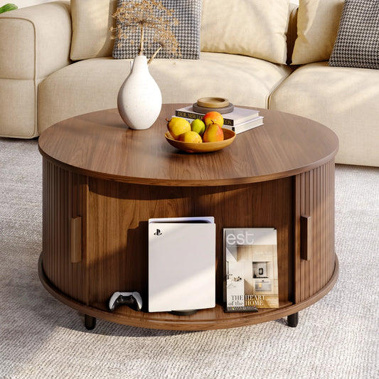 Round Coffee Table With Storage And Fluted Wood Accent