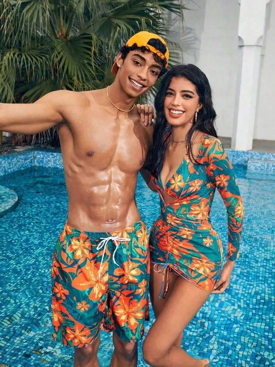 Men Floral Print Loose Fit Beach Shorts Bermuda Style Vacation Swimwear