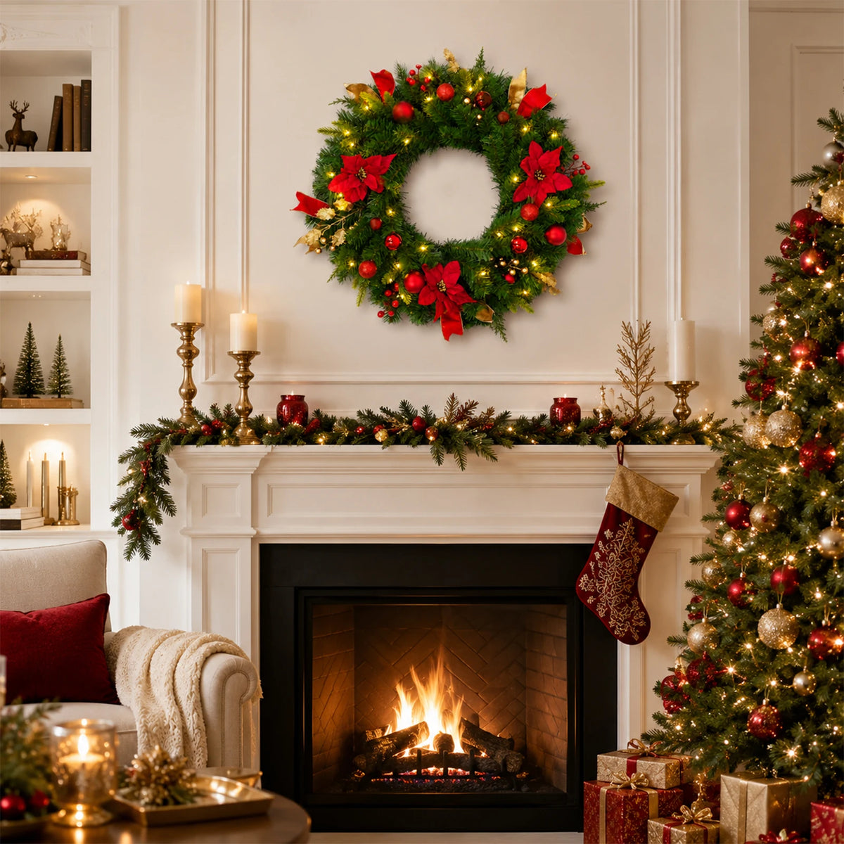 HiMiss Lighted Christmas Wreath With Timer Rustic Holiday Door Decor