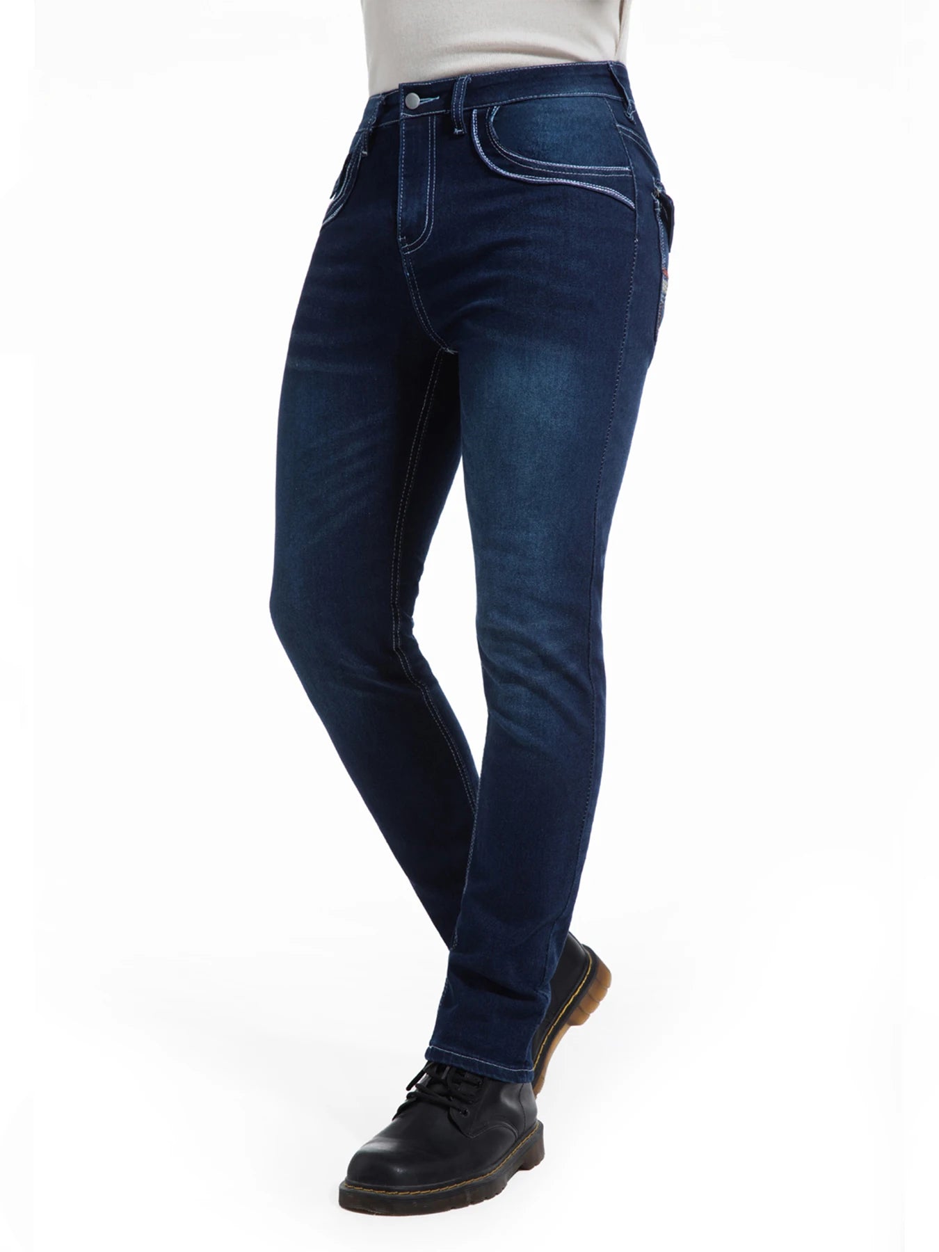 Men's deep blue elastic embroidered casual stretch jeans, street style, solid color, suitable for all seasons.