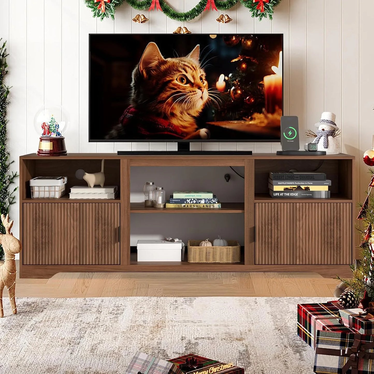 Fluted Mid Century Wood TV Stand Adjustable Shelves Fits 80in TVs, Customized