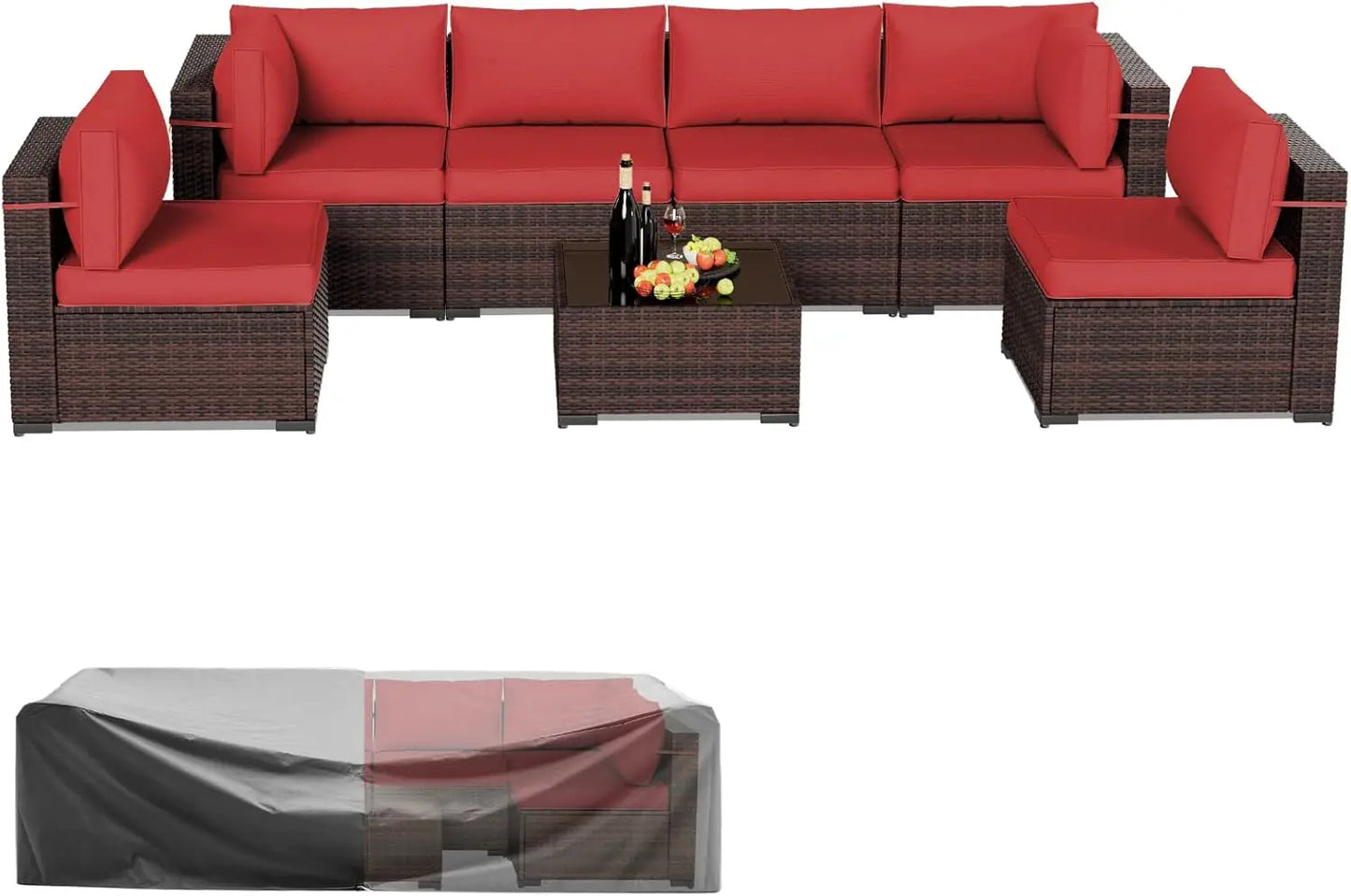 Patio Furniture Sets, 7 Pieces Outdoor Rattan Sectional Sofa Set with Glass Table and Cushions Outdoor Indoor Backyard L Garden