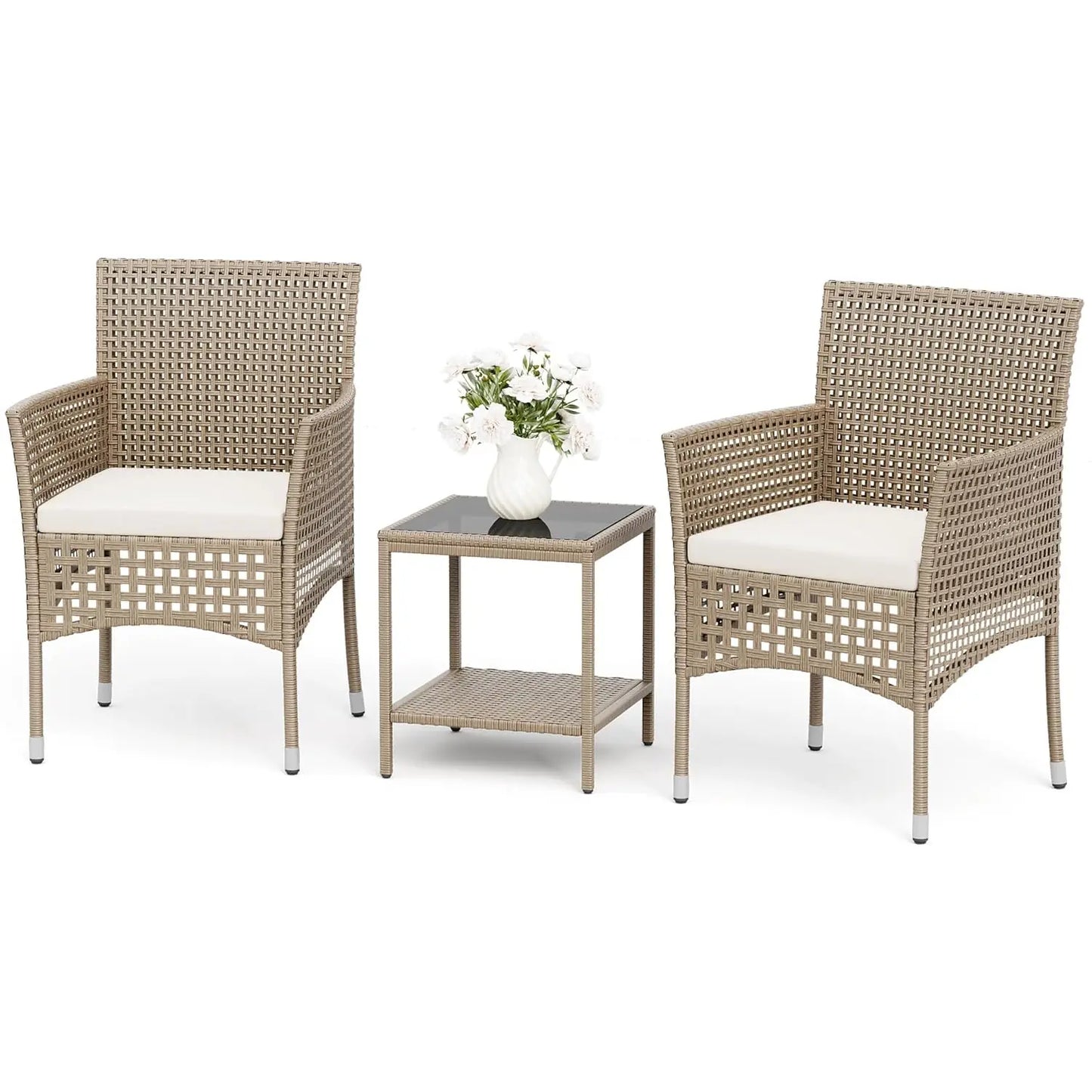 Outdoor 3 Piece Patio Furniture Set Wicker Chairs with Glass-top Coffee Table for Garden, Balcony, and Porch (Brown), Customized