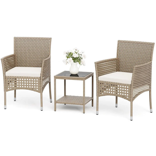 Outdoor 3 Piece Patio Furniture Set Wicker Chairs with Glass-top Coffee Table for Garden, Balcony, and Porch (Brown), Customized