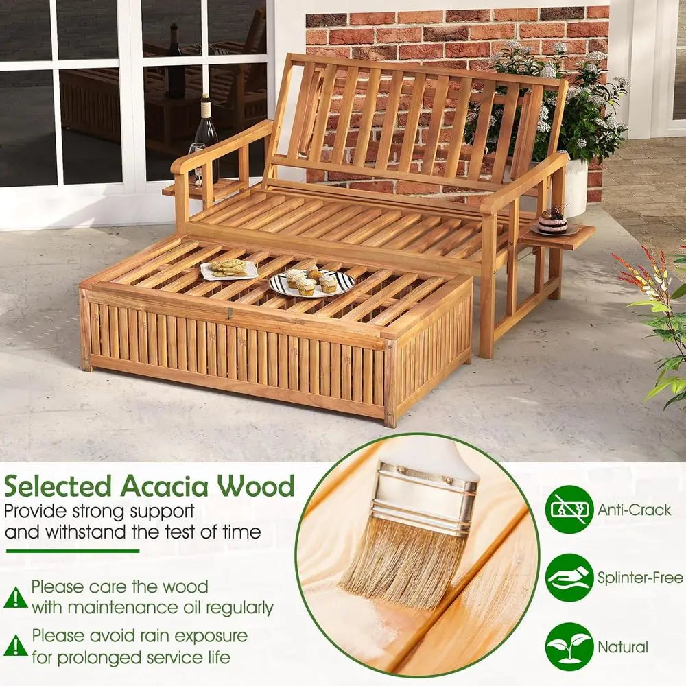 Outdoor Wooden Daybed With Ottoman Adjustable Backrest And Cushions