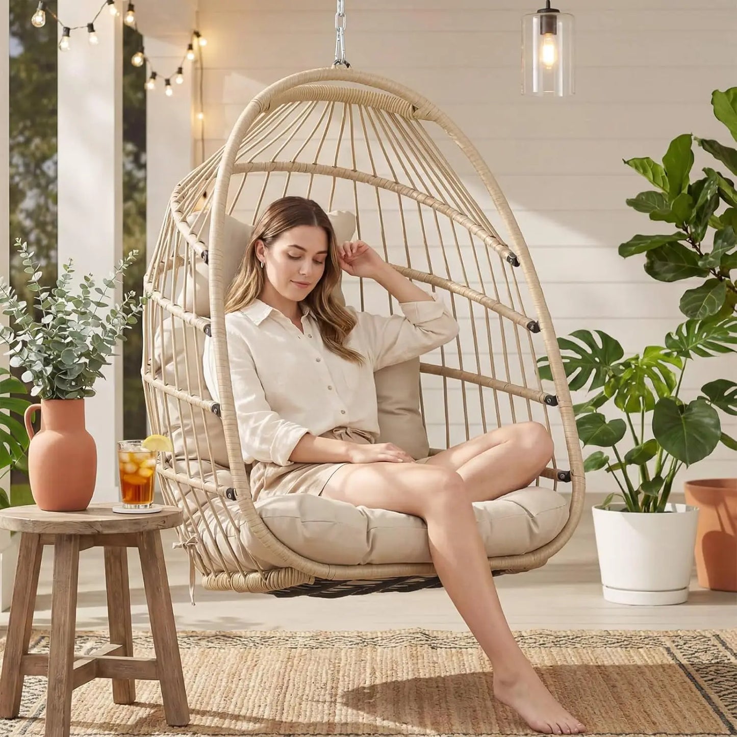 Outdoor Hanging Egg Chair Without Stand, Patio Wicker Swing Egg Basket Chairs with Padded Cushion, 350 Lbs Comfy Cozy Ceiling Tr