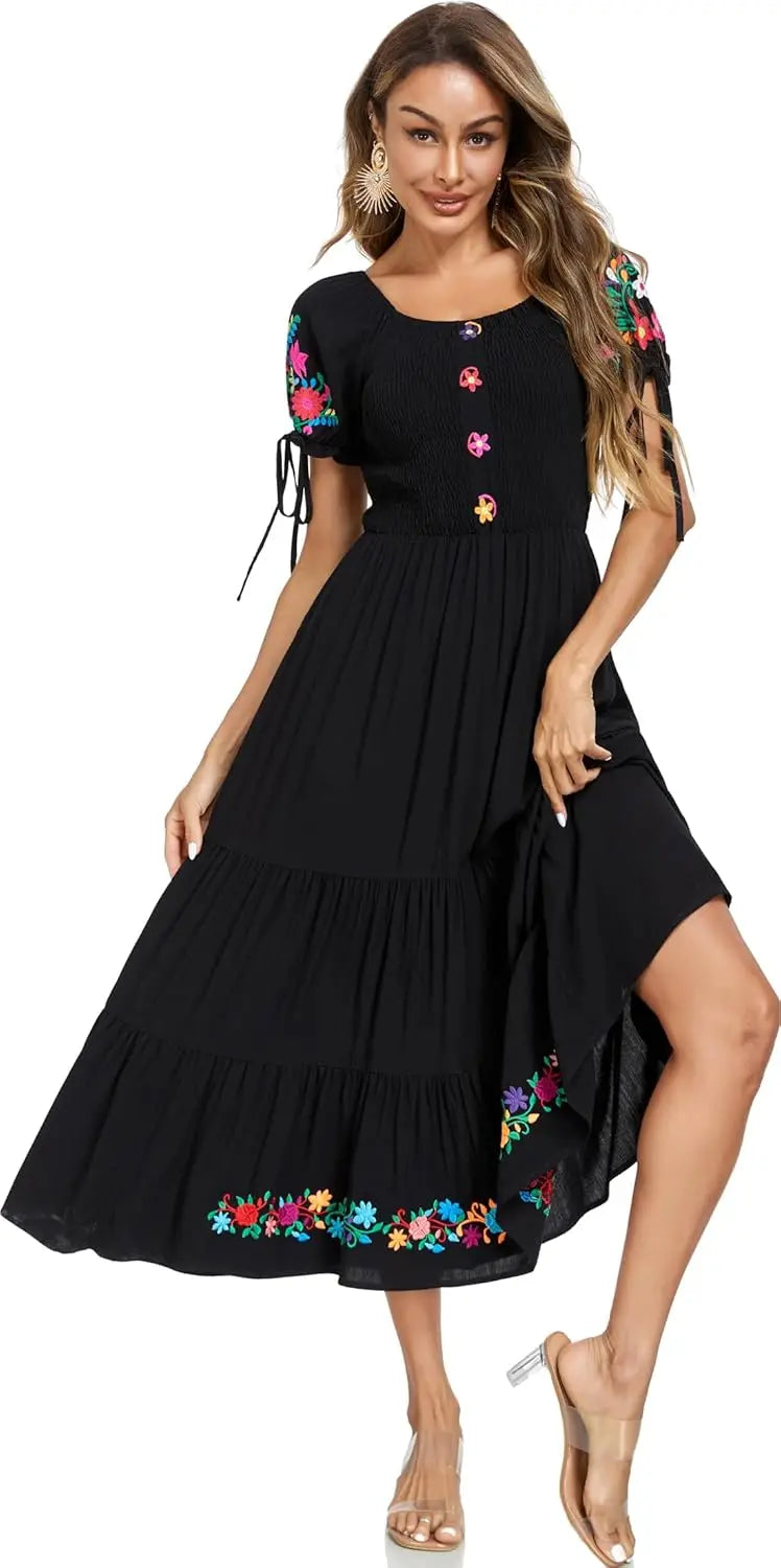 Floral Embroidered Maxi Dress For Women, Round Neck, Short Sleeve