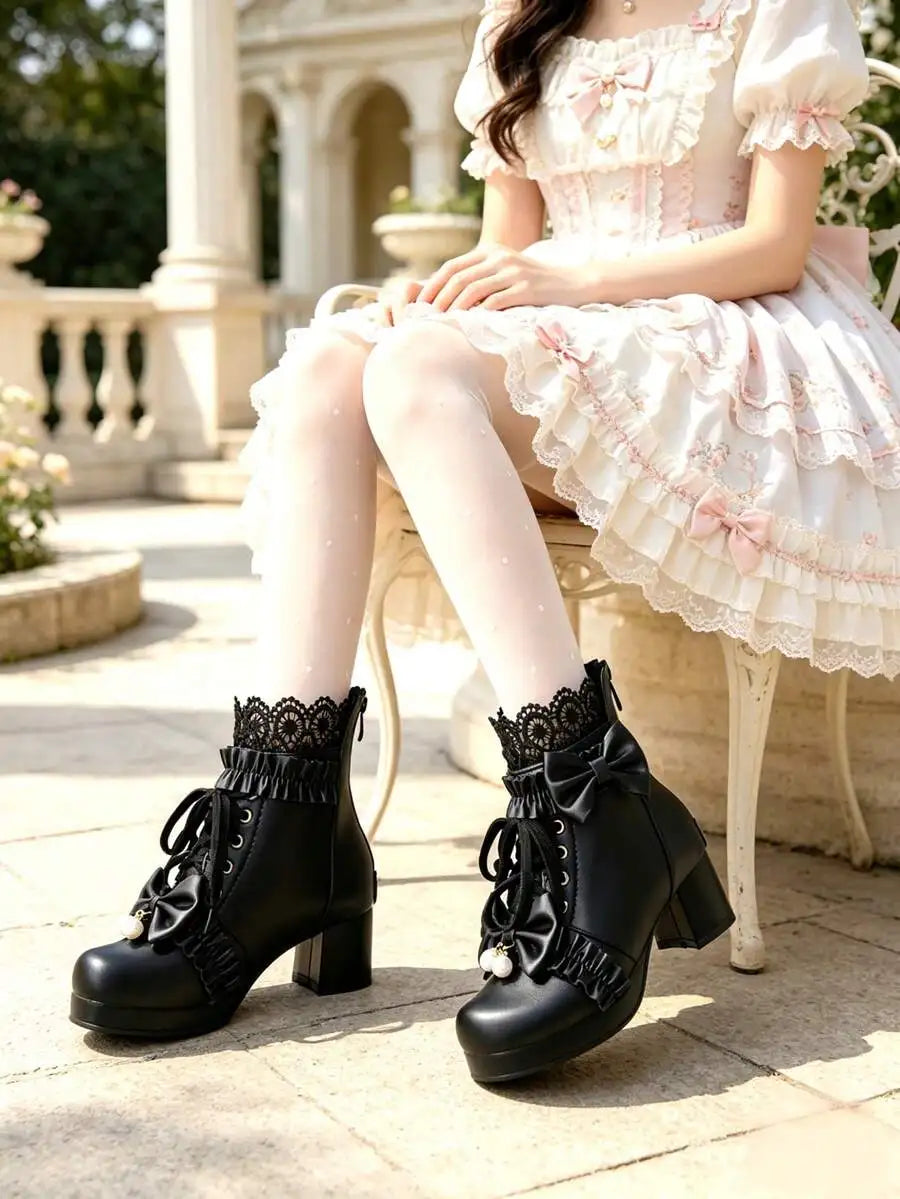 Women Pink Kawaii Lolita Boots Chunky Mid Heel Ankle Lace Up With Bow Pearl Ruffle Platform