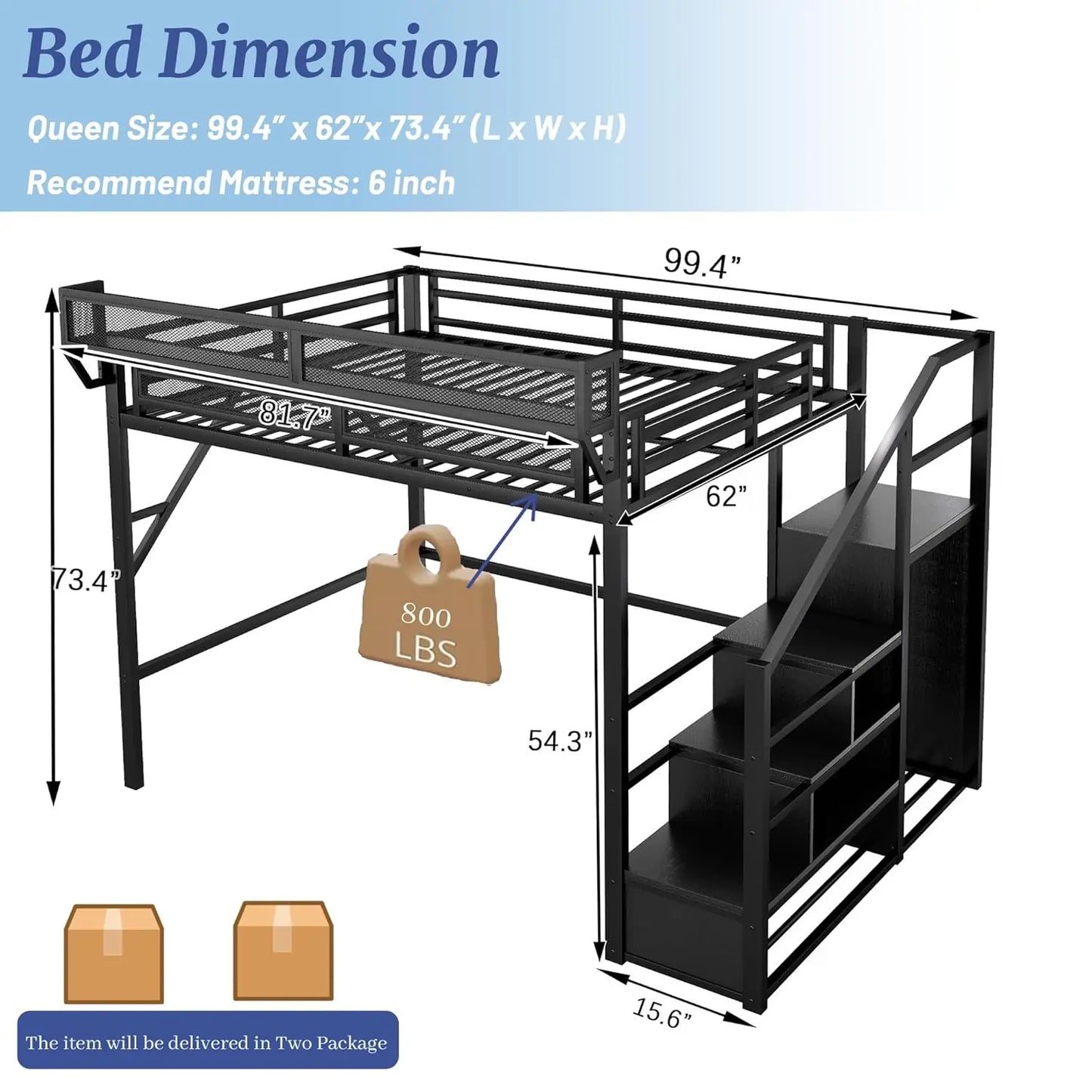 Queen Size Loft Bed Frame for Adults, Metal Loft Bed with Stairs & Storage, Wardrobe, Bedside Shelf and Large, Customized