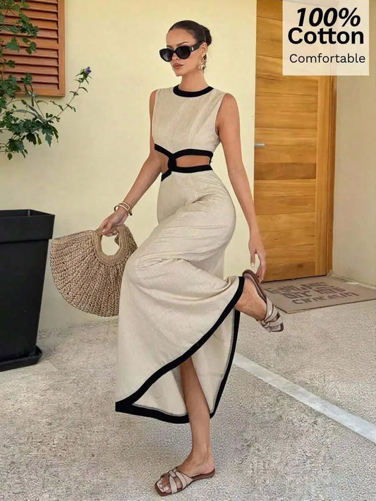 Cotton Sleeveless Color Block Hollow Out Dress With High Waist