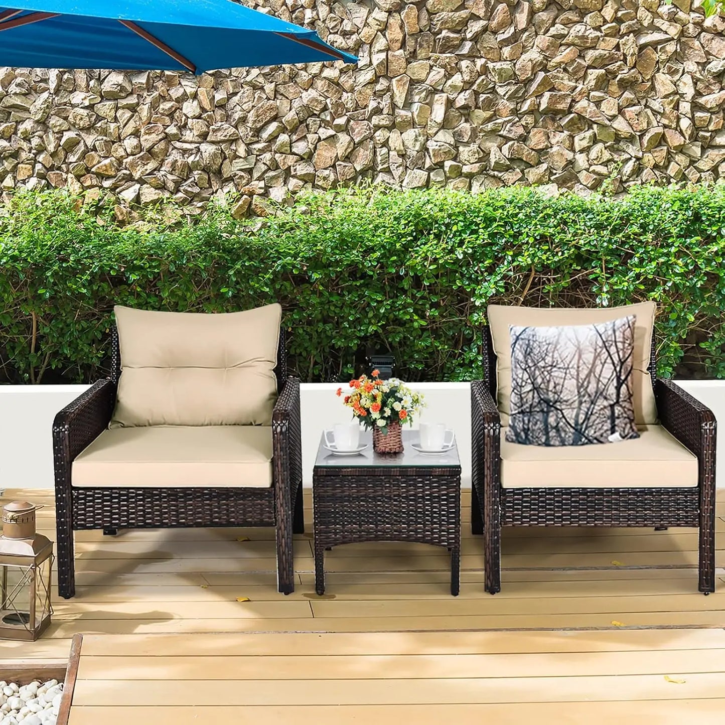 3 Piece Patio Furniture Set, Outdoor Wicker Conversation Bistro Set with 4 Cushions, All Weather PE Rattan, Customized