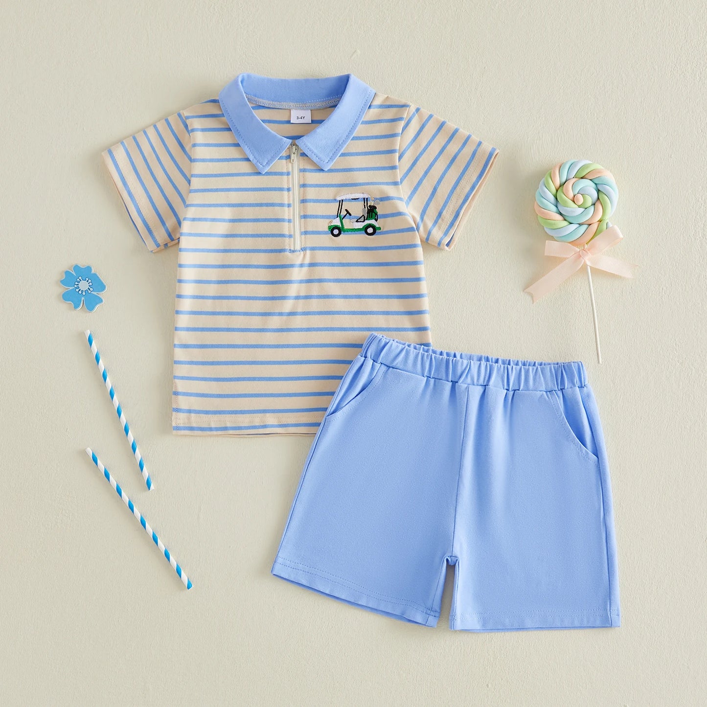 Infant Summer Outfit Set with Short Sleeve Lapel Collar Embroidered Top and Matching Shorts for Baby Boys and Girls 2 Piece