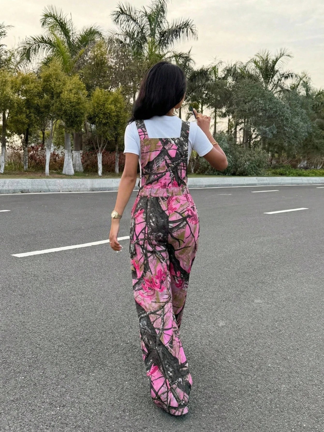 Women Adjustable Strap Printed Wide Leg Overalls For Casual Streetwear Outdoor And Daily Vacation Occasion