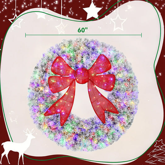 60in Pre-Lit Artificial Christmas Wreath, Front Door Flocked Christmas Wreath with 3D Red Bow, 300 LED Lights, 11 Lighting Modes, Remote, 996 Tips, Holiday Decor for Indoor Outdoor