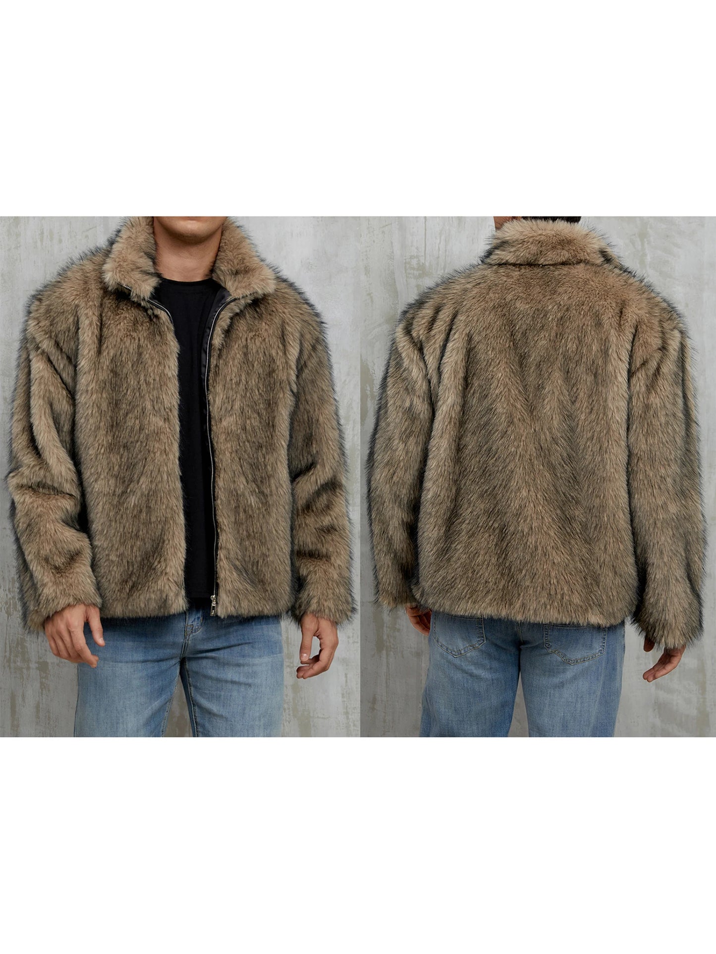 Men's Faux Fur Jacket Winter Warm Stand Collar Coat