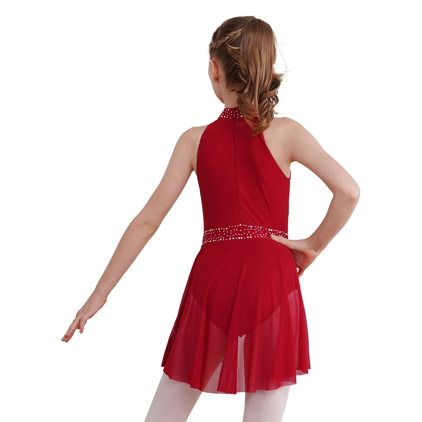 NONECN Girls Rhinestone Halter Ice Skating Dress Skirted Leotard Dancewear