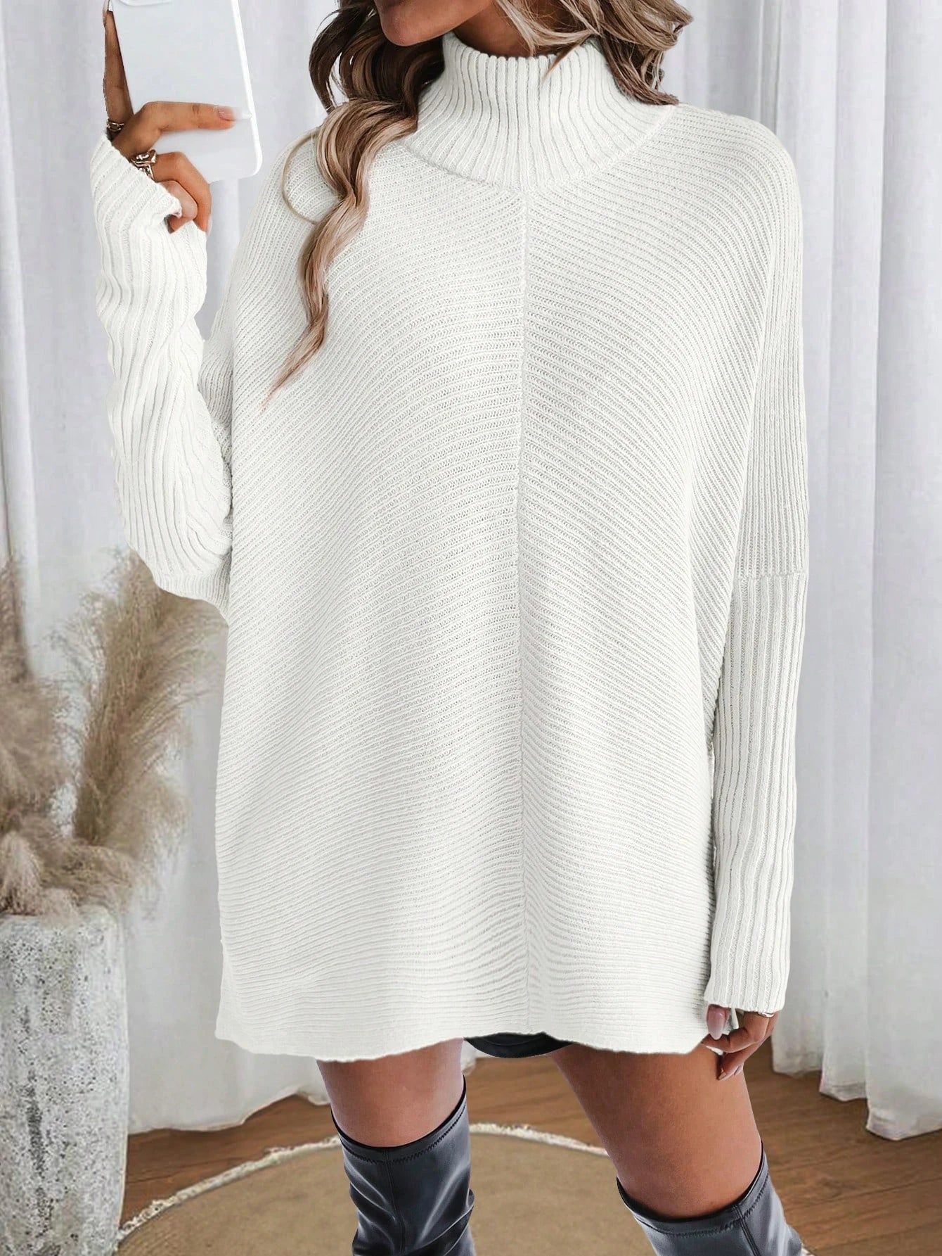 Cakulo Women Knit Turtleneck Sweater Long Sleeve Irregular Hem