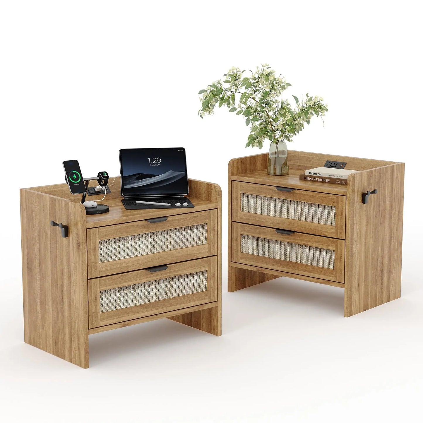 Modern Rattan Nightstand Set Of 2 With Charging Station & Drawers, Bedside Table With Usb/Type-C Ports, Storage Side Table