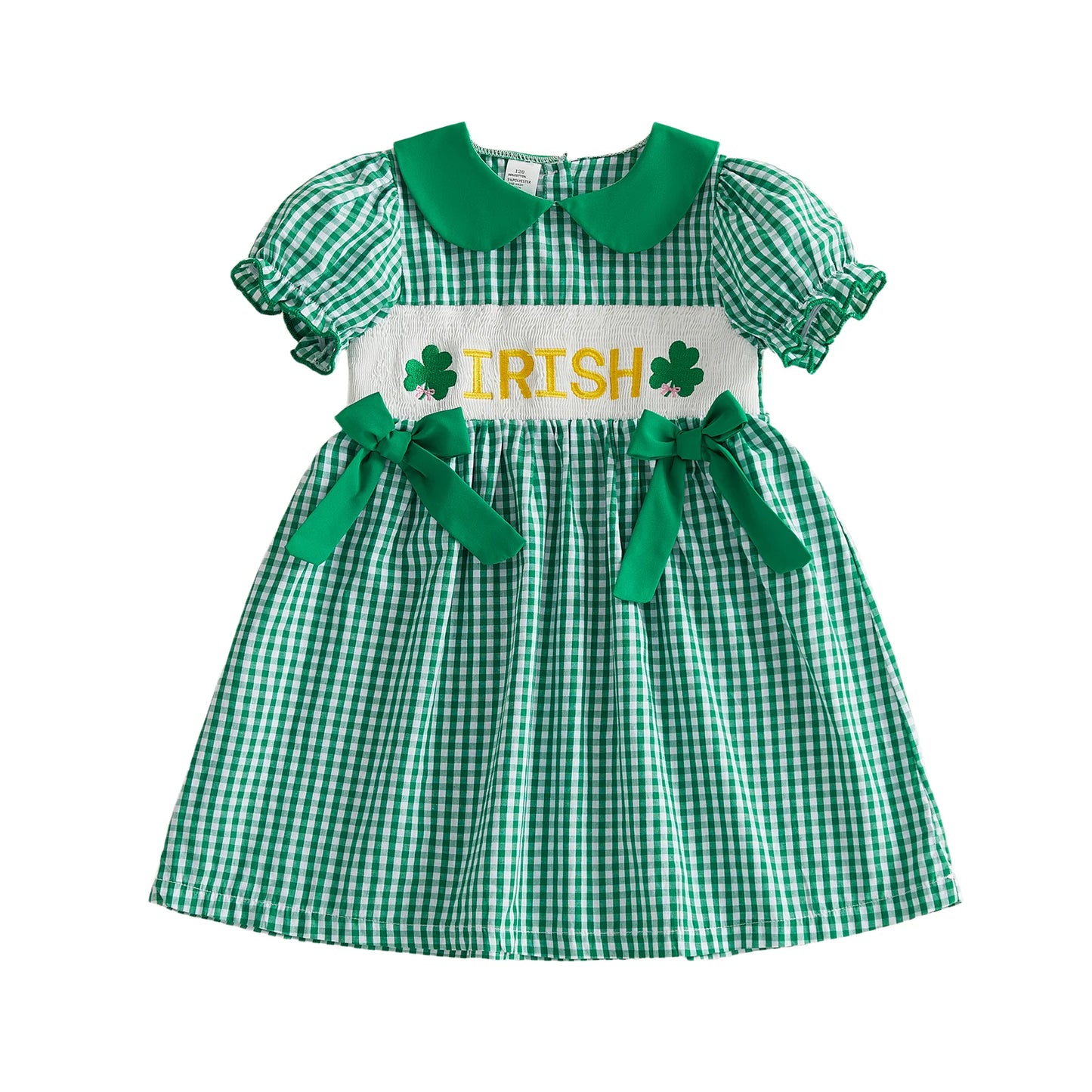 Girls Plaid A-line Dress with Short Sleeves and Doll Collar St Patrick s Day Clover Embroidery Irish Letter Detail