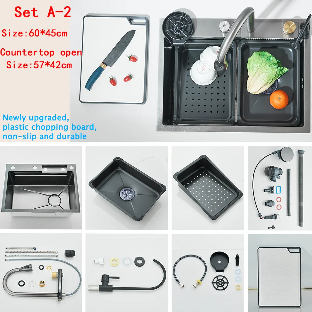 304 Stainless Steel Kitchen Sink Double Waterfall Single Slot Integrated Digital Display Faucet Set Soap dispenser Cup Washer