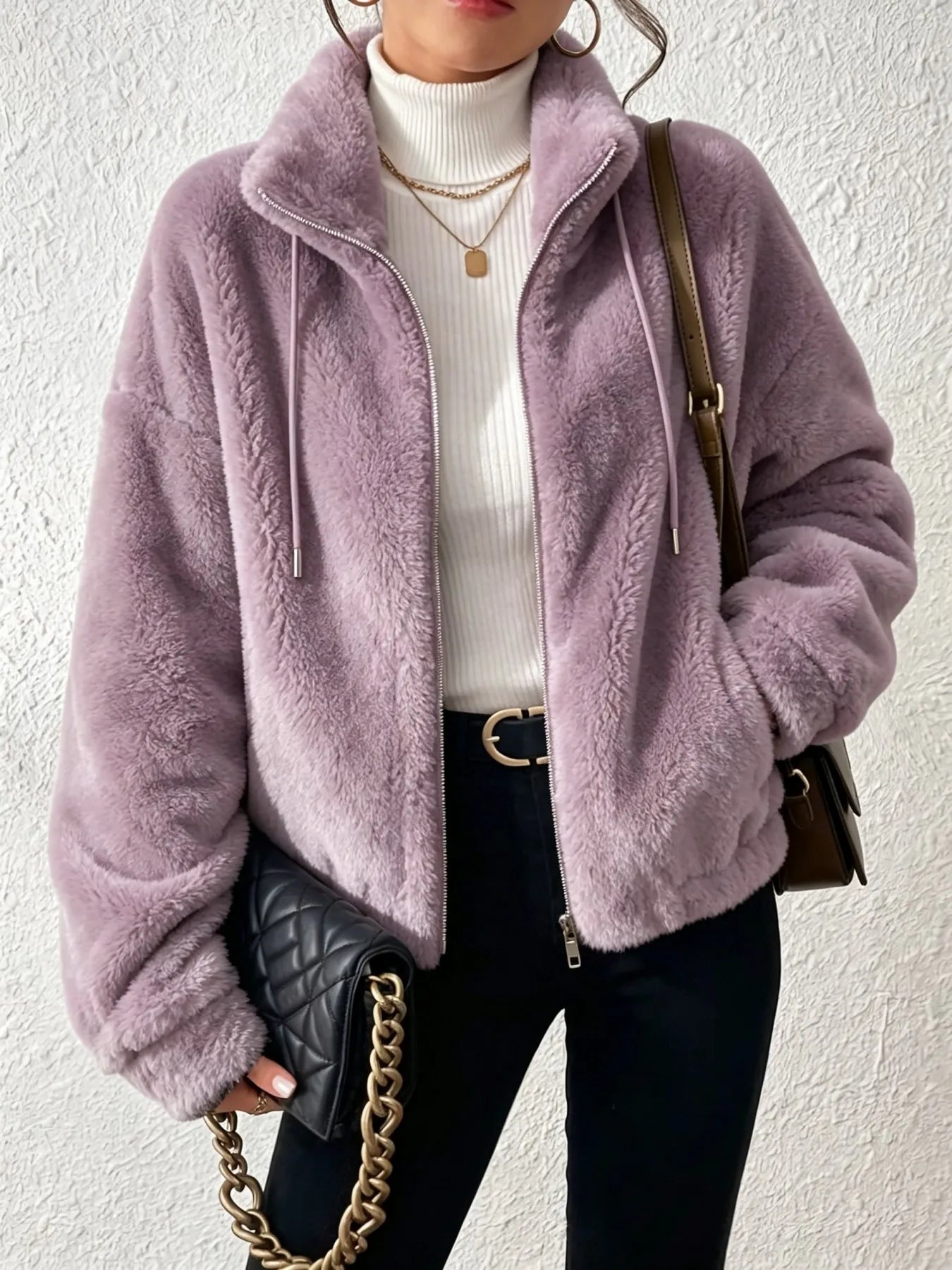 Women Fuzzy Fleece Zip Up Jacket Stand Collar Drawstring Loose Oversized Coat Warm Plush Winter Outerwear Casual Streetwear