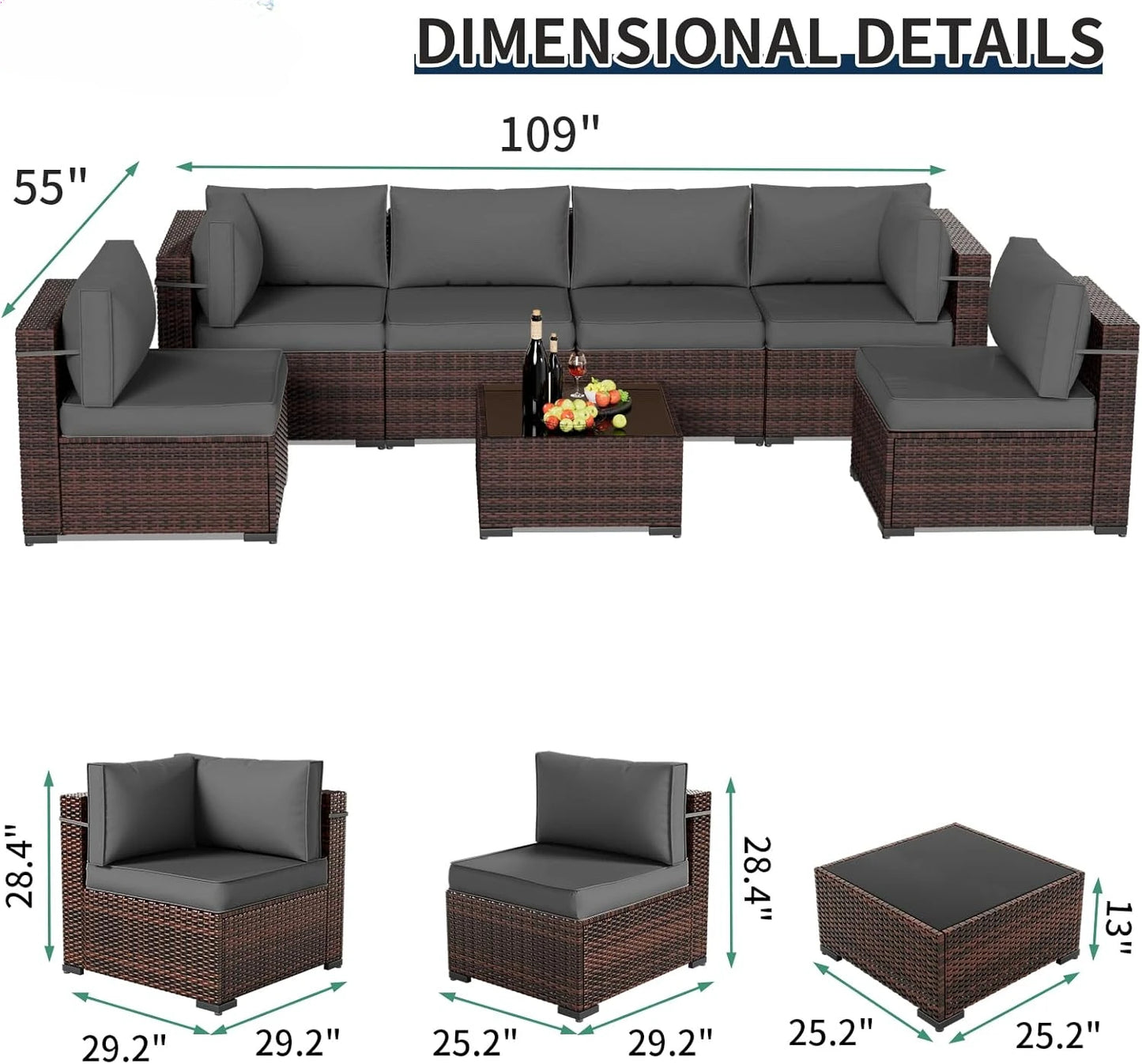 Patio Furniture Sets, 7 Pieces Outdoor Rattan Sectional Sofa Set with Glass Table and Cushions Outdoor Indoor Backyard L Garden