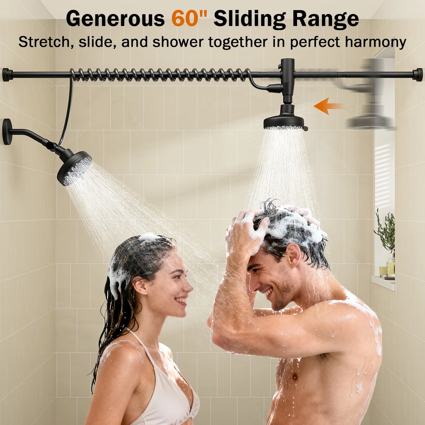 Dual Stainless Steel Shower Head For Couples With Adjustable Slider