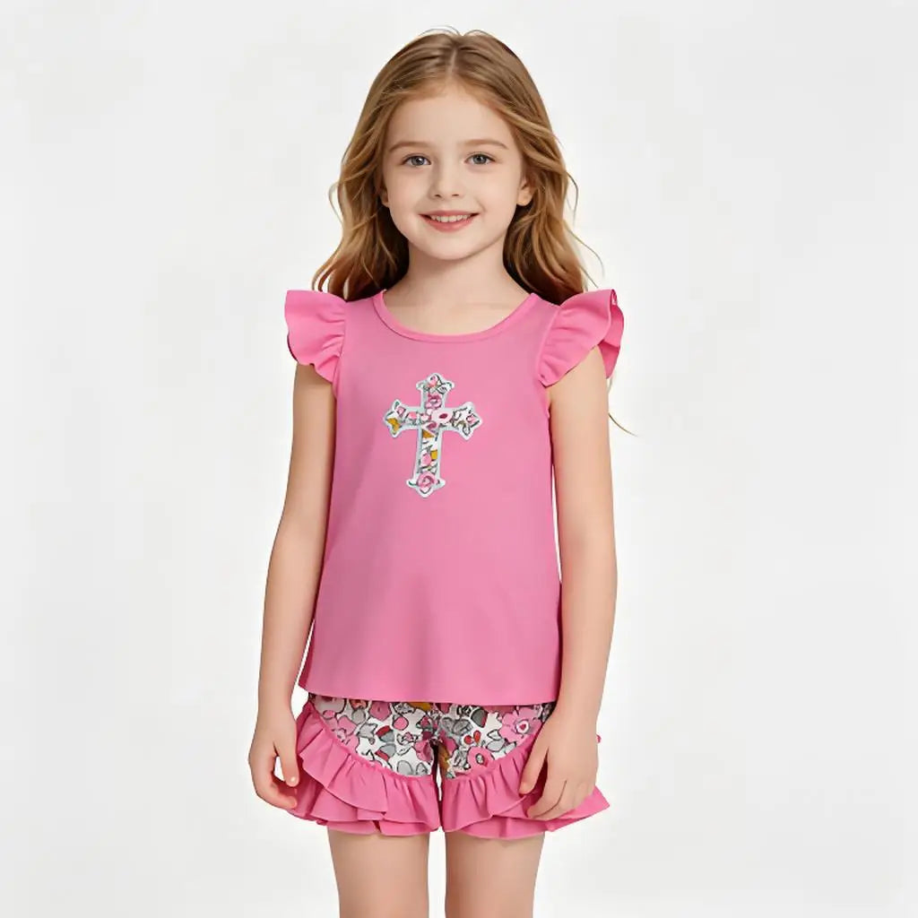 Toddler Girls TwoPiece Summer Outfit Flutter Sleeve Ruffle Tunic Shorts