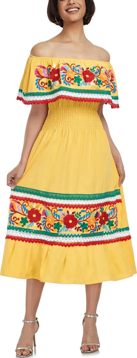 Women Cotton Off Shoulder Mexican Peasant Casual Dress