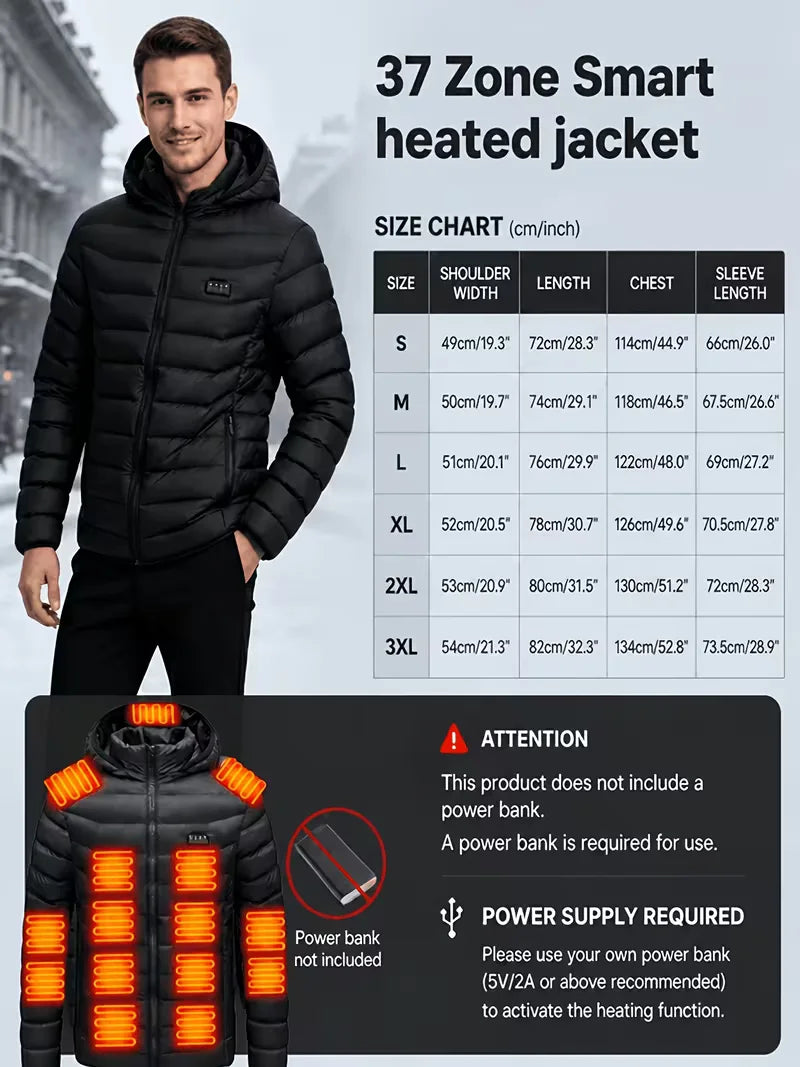 Men's Intelligent Heated Jacket With 39 Heating Zones And Hood