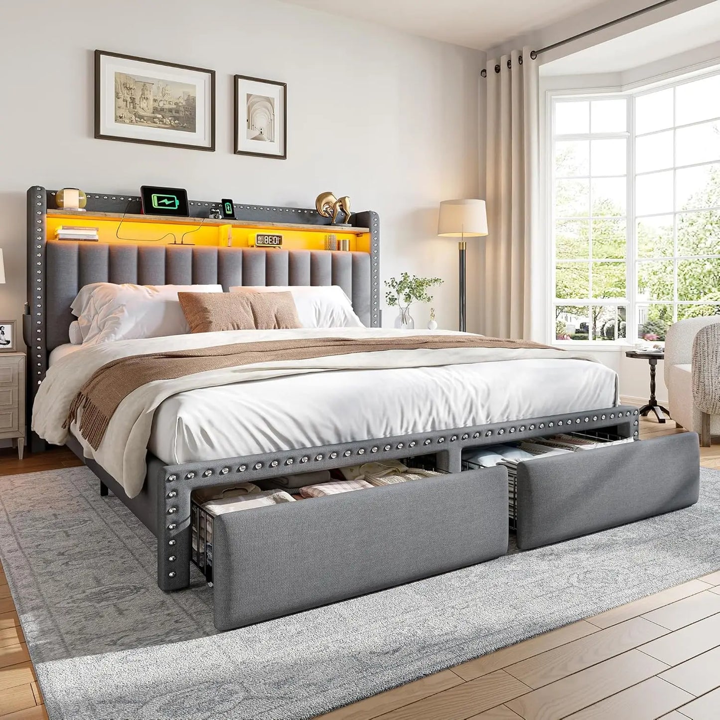 Queen Bed Frame with 2 Storage Drawers, Upholstered Queen Platform Bed with LED Lights and Charging Station, Sturdy, Customized