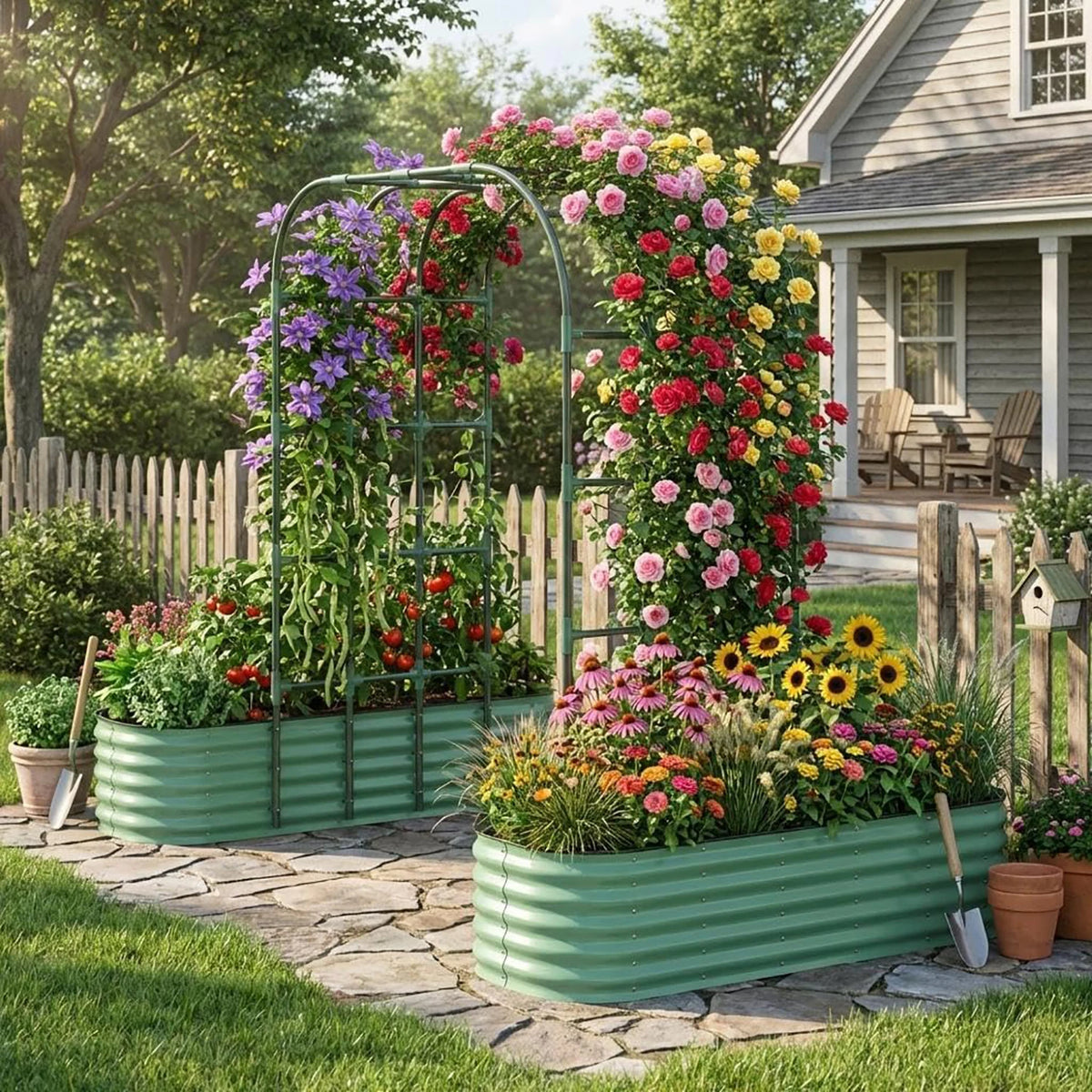 HiMISS Galvanized Raised Garden Bed With Arch Trellis For Plants