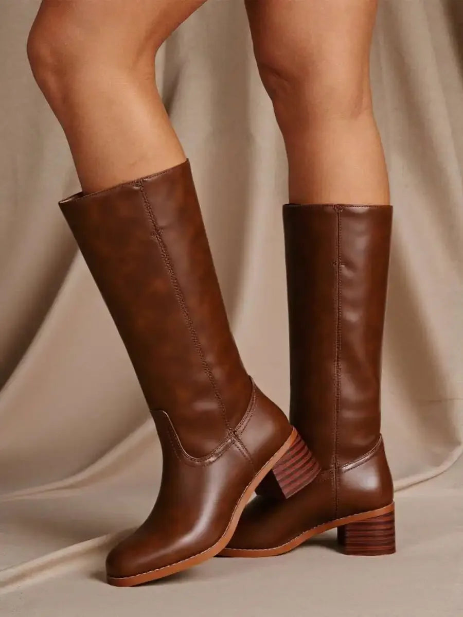 Knee High Boots For Women Square Toe Chunky Block Heel Pull On Riding Boots Autumn Casual