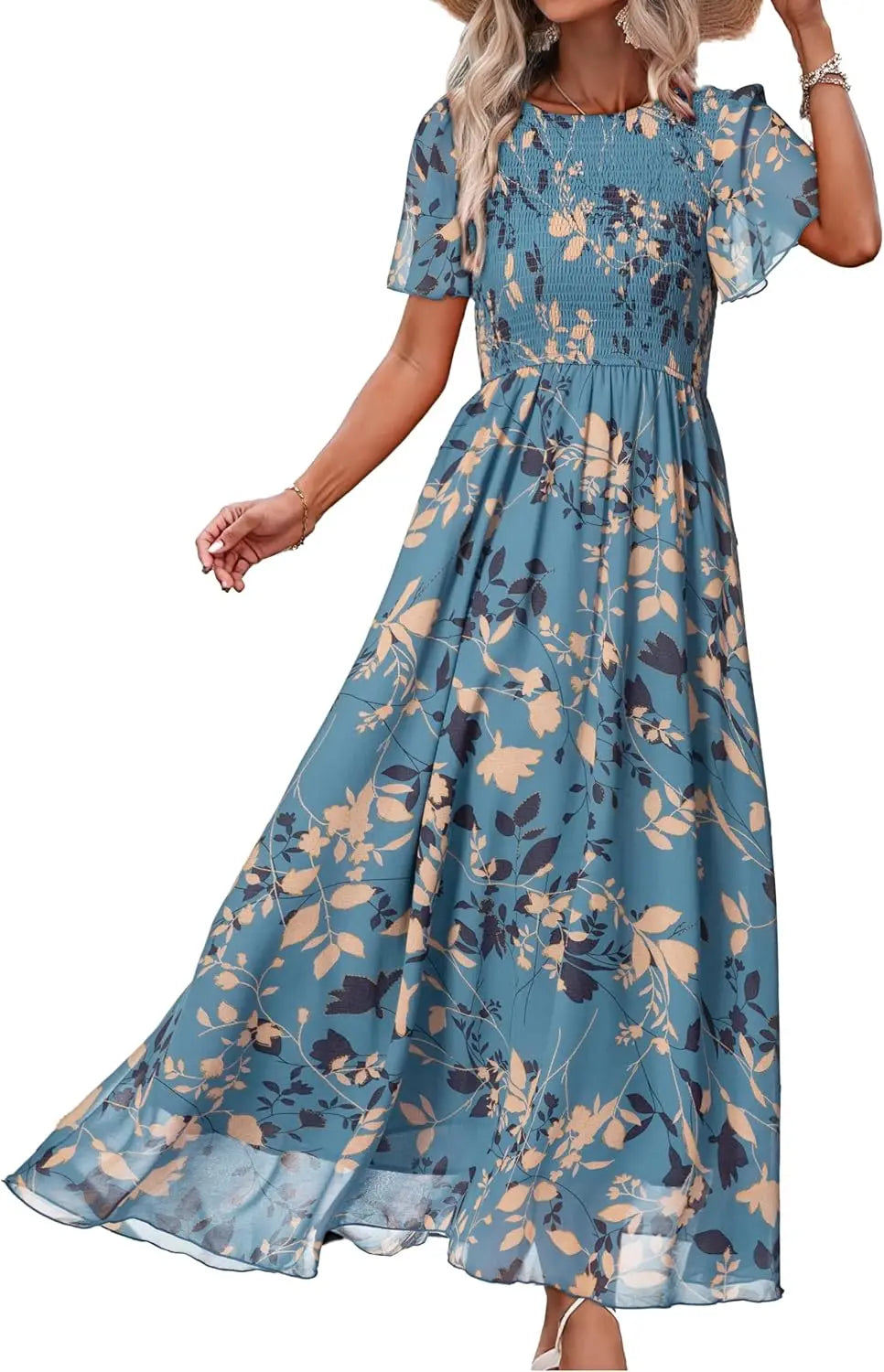 Floral Casual Summer Maxi Dress Chiffon With Smocked Short Sleeve