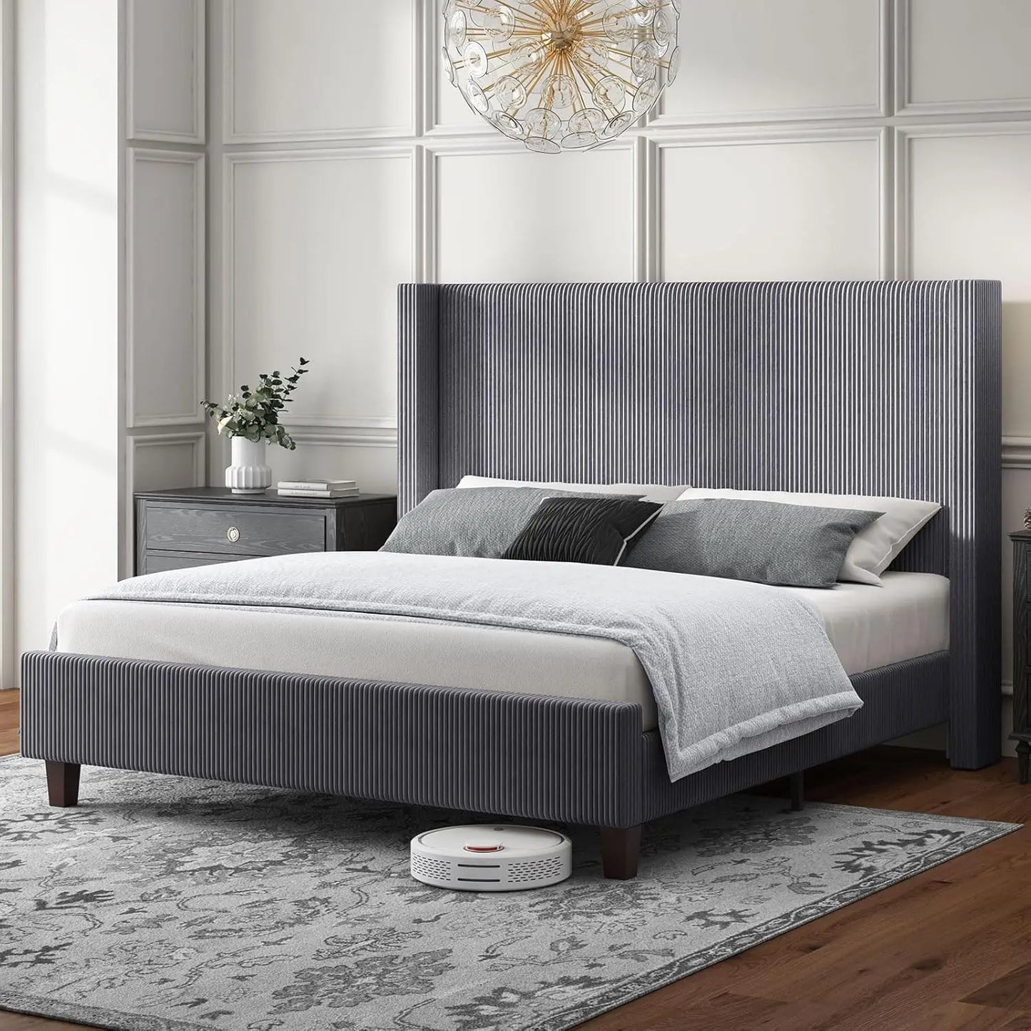 Queen Size Bed Frame with 50.8" Tall Wingback Headboard, Modern Corduroy Upholstered Platform Bed Frame with Solid, Customized