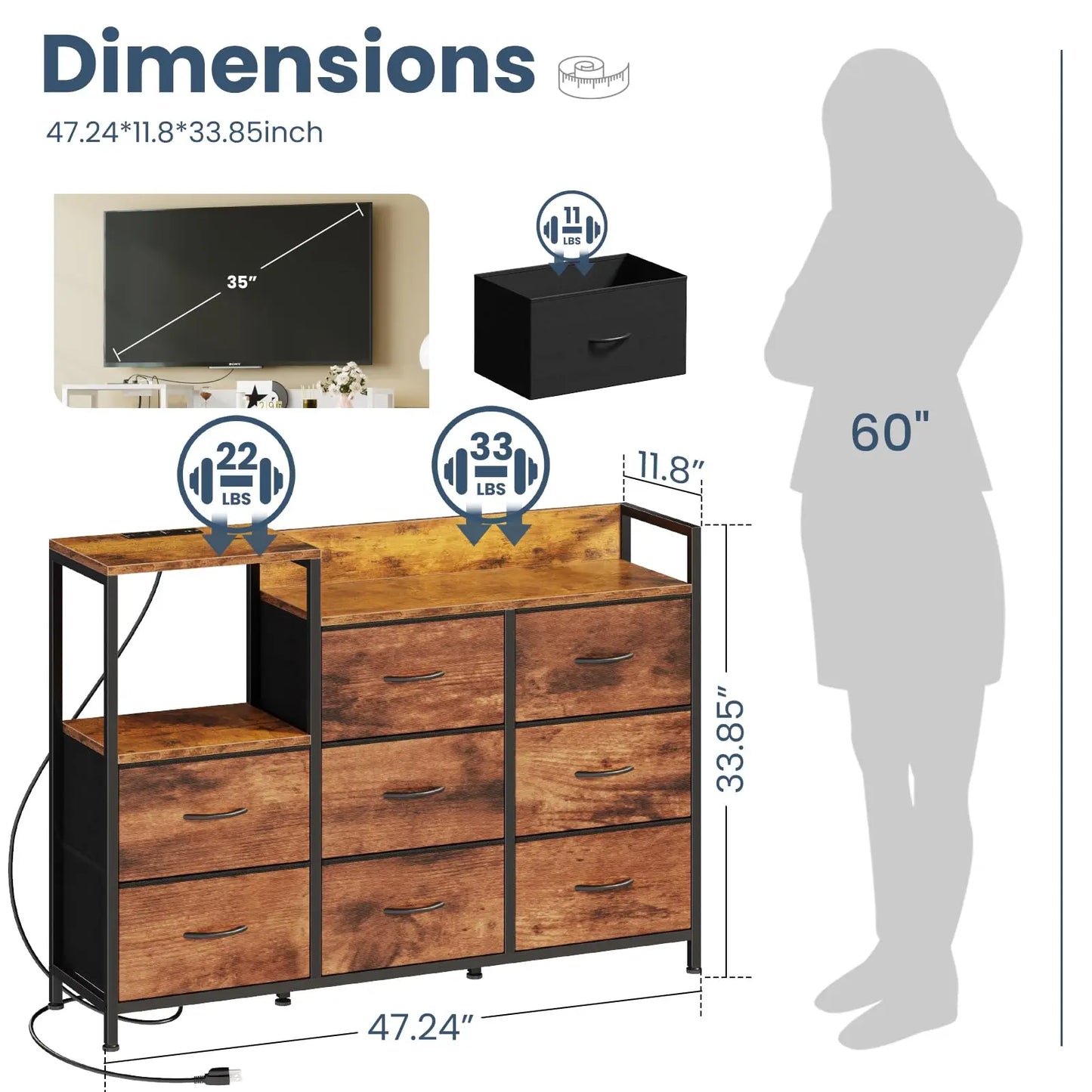 MCQ 8 Fabric Drawers And1 Open Space Cabinets Metal Frame Bedside End Table Storage With Charging Station for Home Furniture