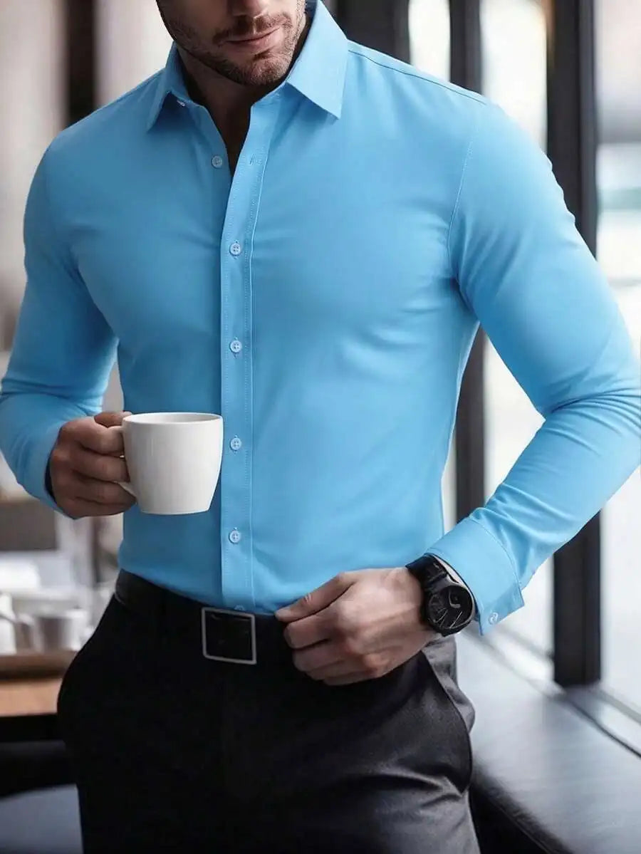 Mens Solid Color Long Sleeve Button Up Shirt Stand Collar