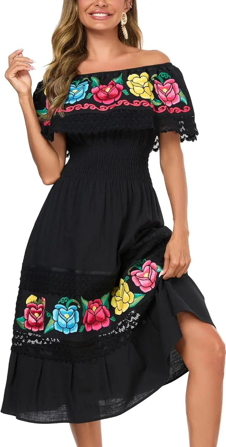 Women Cotton Off Shoulder Mexican Peasant Casual Dress