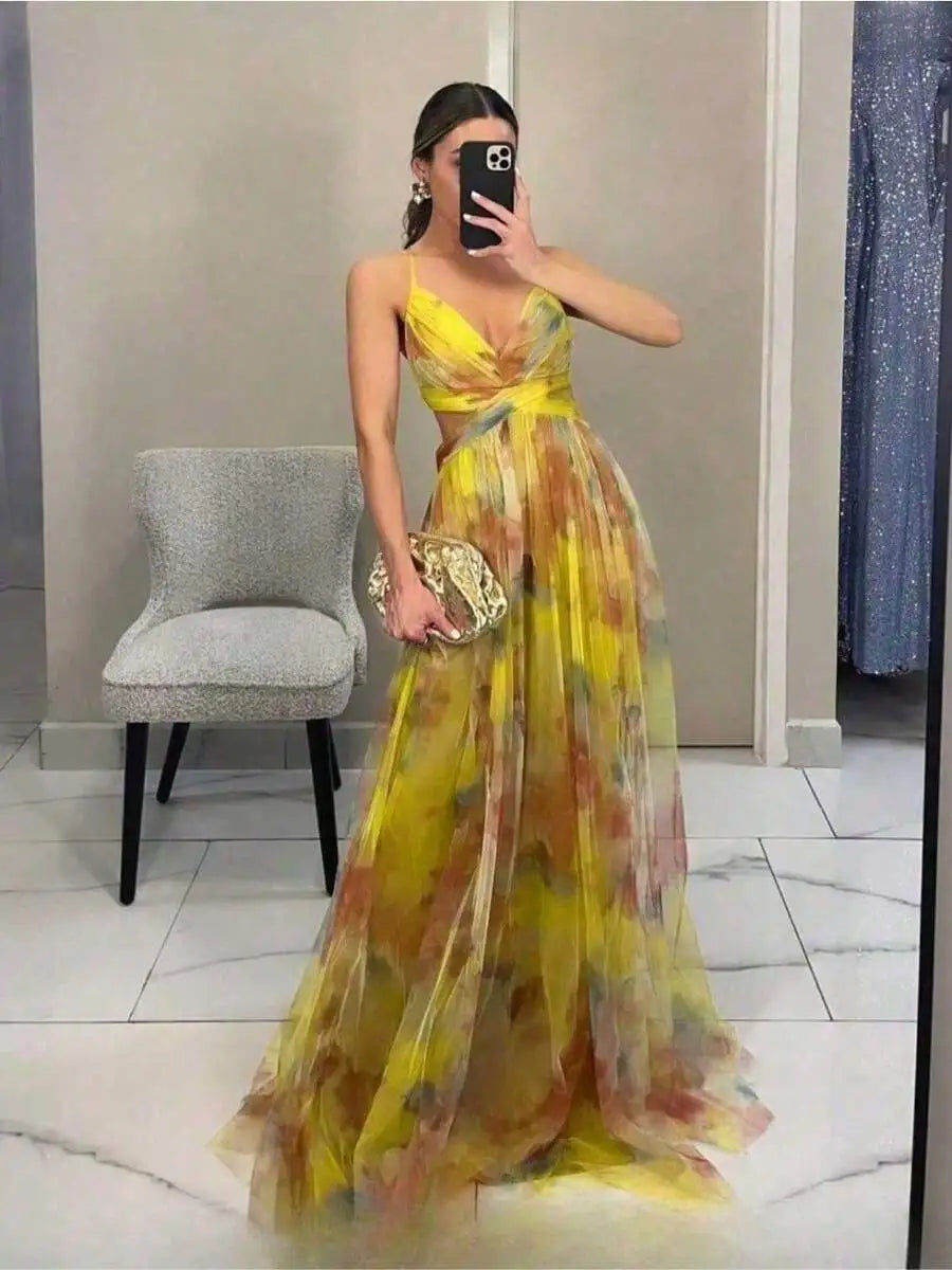 Womens Mesh Printed Cami Prom Dress Floor-Length V-Neck Sleeveless