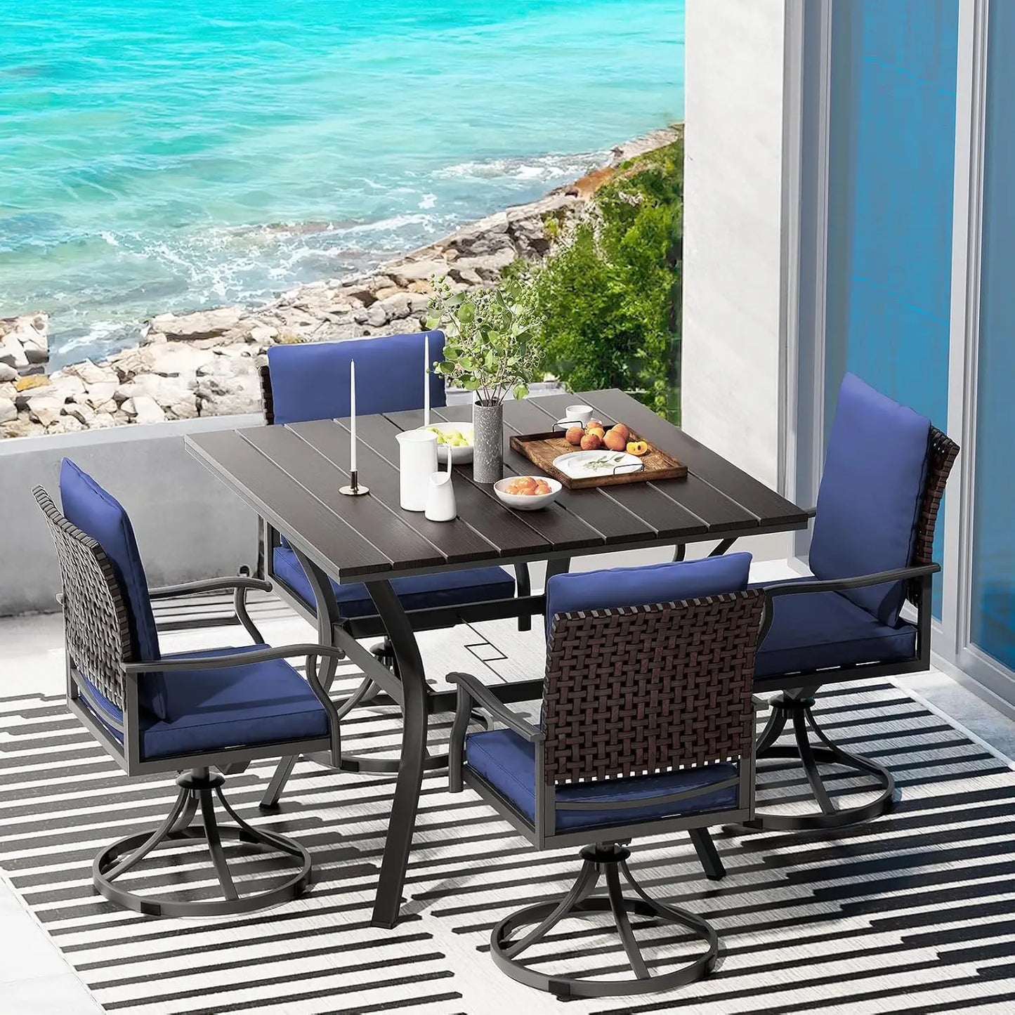 Outdoor 5 Piece Patio Dining Set With Swivel Chairs And Round Table