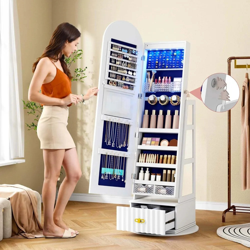 Full Length Jewelry Mirror Cabinet With Storage And Rotating Stand
