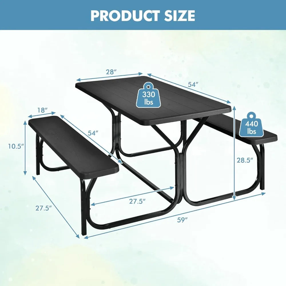 Picnic Table, Resin Dining Table & 2 Benches Set, Weather Resistant Wood Grain Tabletop & Steel Frame, Plastic Picnic Tables