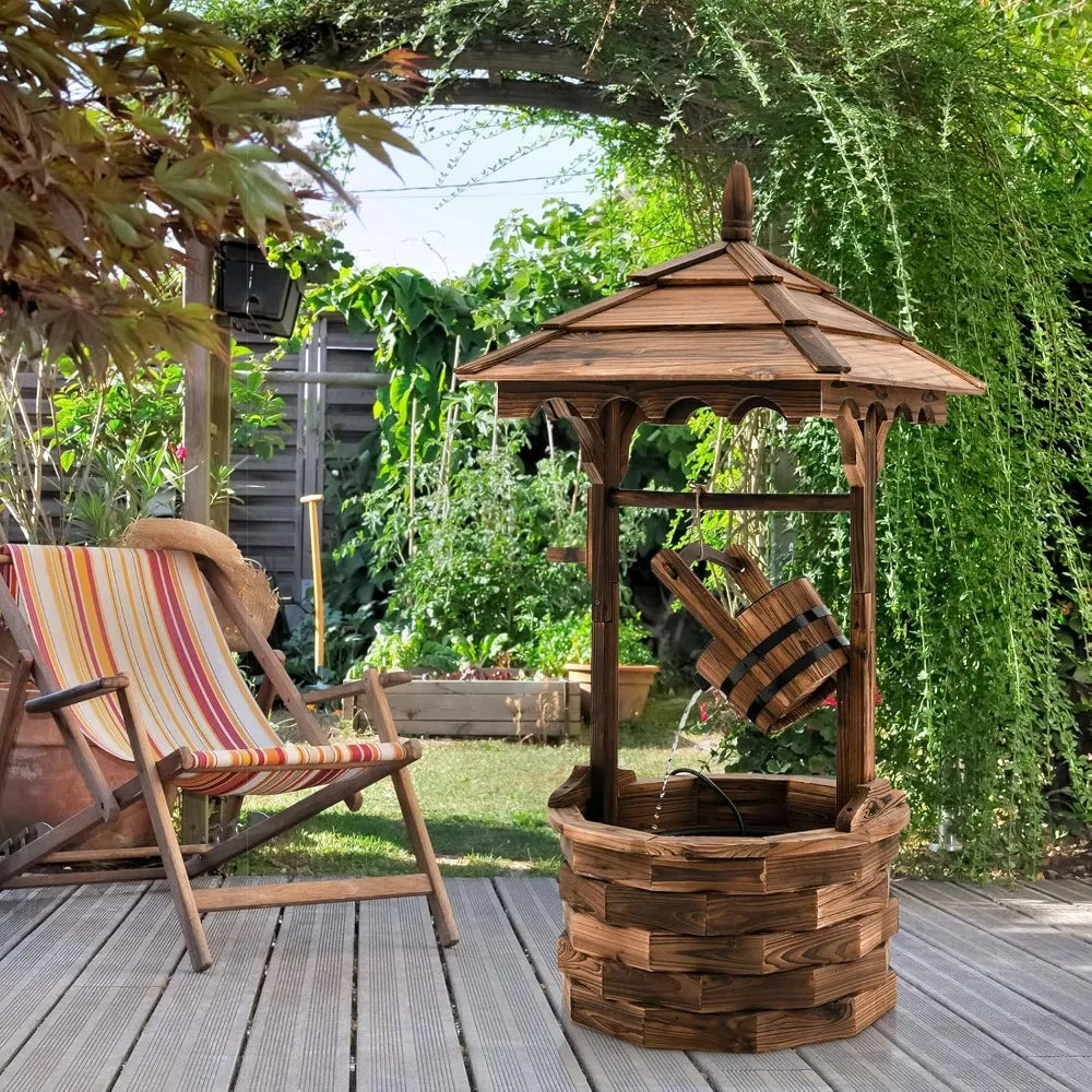 Rustic Wishing Well Fountain, Outdoor Wooden Water Fountain with Electric Pump, 5 Adjustable Water Flow Rates, Water Bucket, Fr