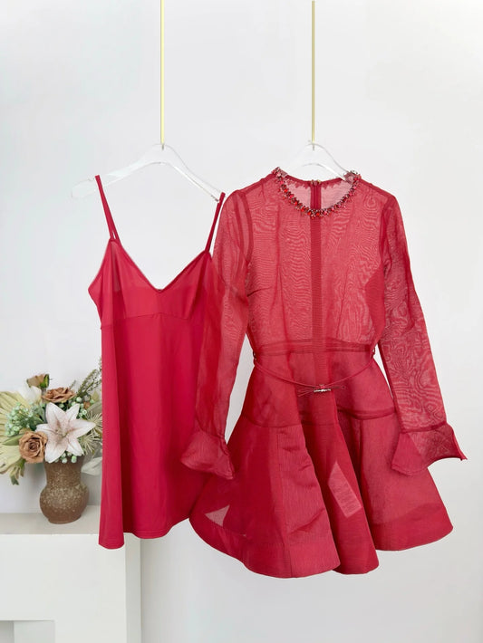 Long Sleeve Beaded Round Neck Zipper Linen Silk Dress