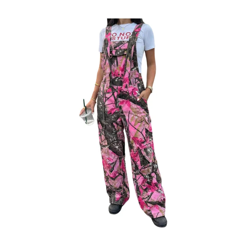 Women Adjustable Strap Printed Wide Leg Overalls For Casual Streetwear Outdoor And Daily Vacation Occasion