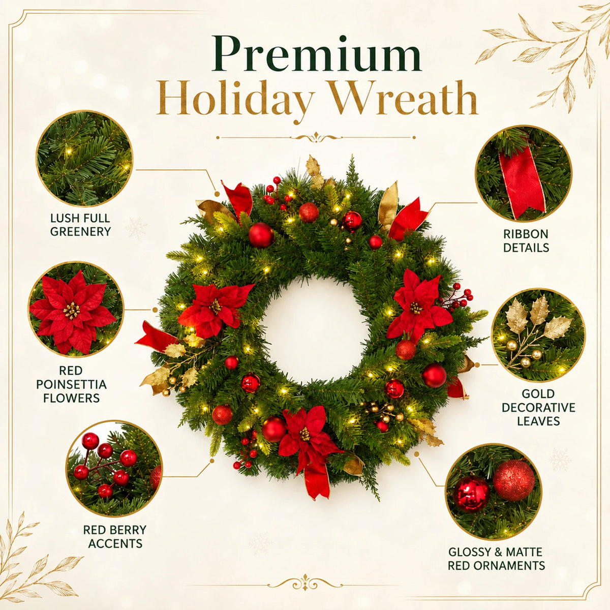 HiMiss Lighted Christmas Wreath With Timer Rustic Holiday Door Decor