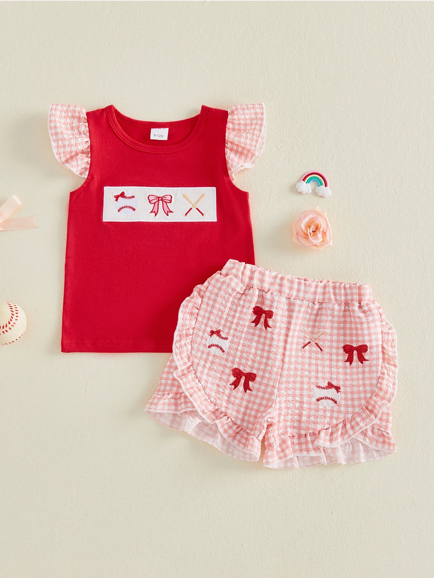Adorable Infant Girl s Summer Ensemble with Baseball Bow Detail Ruffled Trim Flutter Sleeves and Plaid Shorts - 2 Piece Set