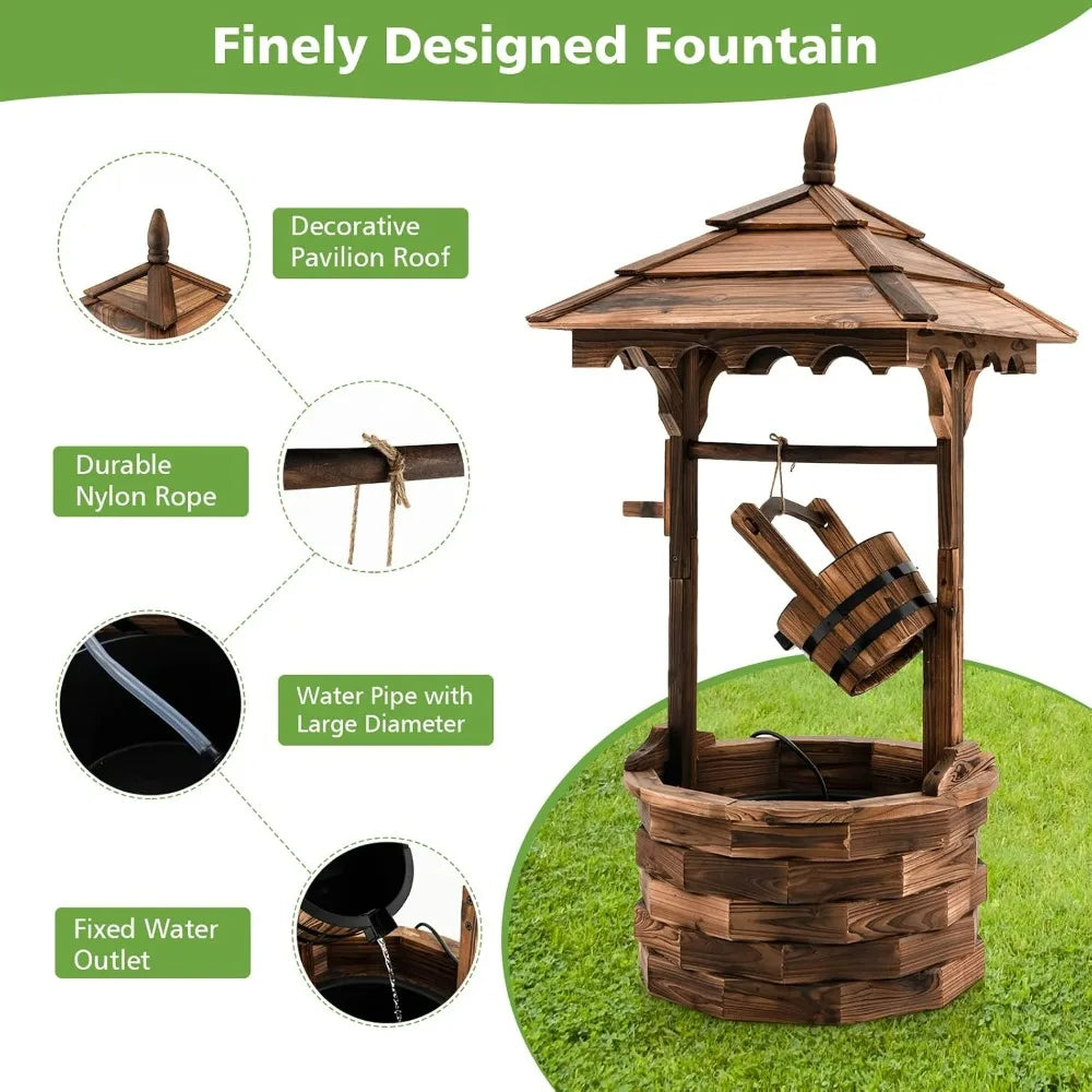 Rustic Wishing Well Fountain, Outdoor Wooden Water Fountain with Electric Pump, 5 Adjustable Water Flow Rates, Water Bucket, Fr