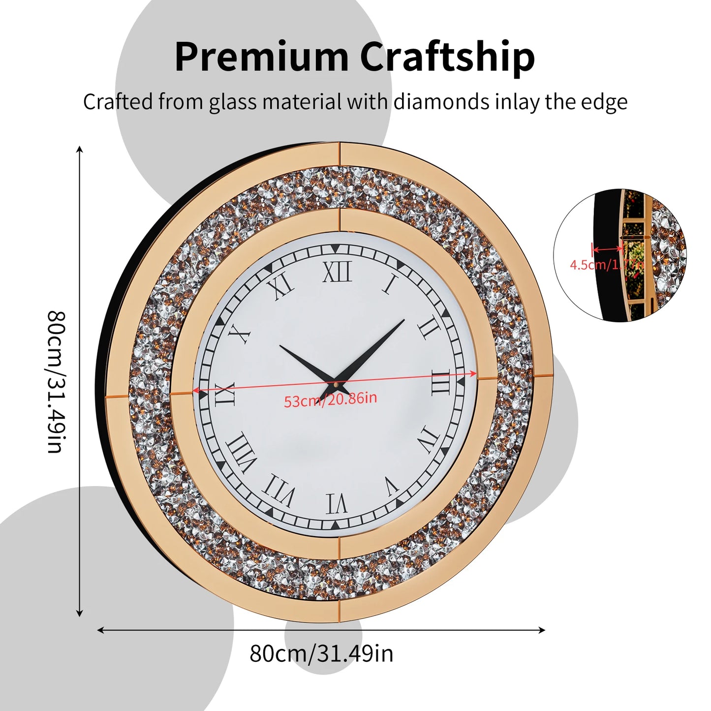 Bling Silver Round Mirror Wall Clock For Home Decor