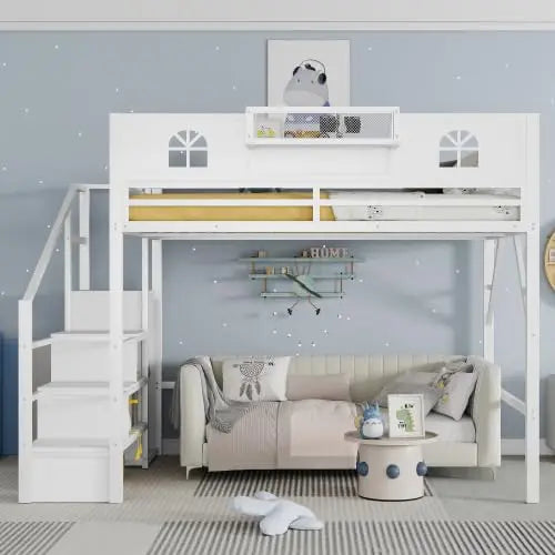 Queen Size Loft Bed Frame for Adults, Metal Loft Bed with Stairs & Storage, Wardrobe, Bedside Shelf and Large, Customized